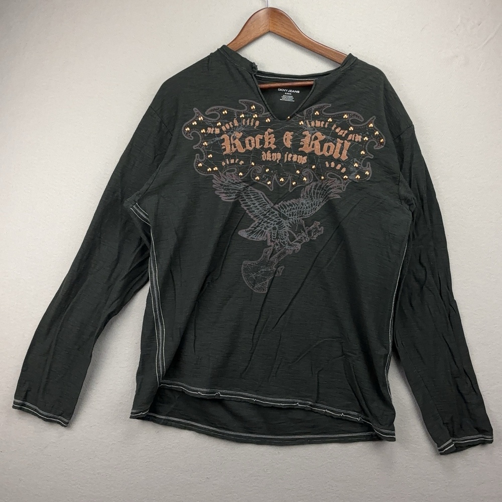DKNY Jeans Shirt Womens XL Gray Rock & Roll Eagle Studded V-Neck Long Sleeve